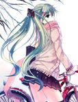  bai_kongque bicycle green_eyes green_hair ground_vehicle hair_ornament hairclip hatsune_miku long_hair looking_back pink_scarf scarf skirt snowing solo thighhighs twintails vocaloid 