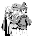  asamiya_yume cape greyscale halloween hat jack-o'-lantern kanzaki_ayumu kinniku_tarou monochrome multiple_girls smile_style tsukiyama_momiji witch_hat yamazaki_yuri 