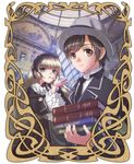  1girl bad_id bad_pixiv_id blonde_hair book brown_hair carrying chin_strap formal frame gosick gothic_lolita hairband hat hime_cut kujou_kazuya lolita_fashion lolita_hairband long_hair necktie pipe school_uniform victorica_de_blois wide_sleeves xuexue_yue_hua 