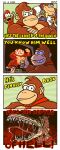  1girl 4boys 4koma :d animal blonde_hair character_request closed_mouth comic commentary controller diddy_kong dixie_kong donkey_kong donkey_kong_(series) english english_commentary game_controller grin holding horror_(theme) kaigetsudo lanky_kong long_tongue looking_at_viewer looking_back multiple_boys nintendo open_mouth pixelated red_sclera saliva sharp_teeth smile teeth television thumbs_up tongue twintails 