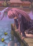  animal_ears architecture blazer blush bunny_ears east_asian_architecture highres jacket leaf long_hair necktie purple_hair red_eyes reflection reisen_udongein_inaba sitting skirt solo syuraime_0 touhou water 