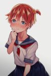  1boy bangs blue_eyes blue_sailor_collar blue_skirt cosplay crossdressing hibiki_yuuta komugi_(komugi_ckdi) male_focus neckerchief pleated_skirt red_hair sailor_collar school_uniform serafuku short_hair side_ponytail skirt solo ssss.gridman 