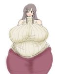  1girl bad_anatomy bare_shoulders breasts brown_eyes brown_hair fat gigantic_breasts happy highres hips long_hair open_mouth shiny skirt smile solo sweater teeth tensai427 tongue wide_hips 