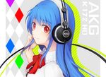  akg alternate_headwear blue_hair cable drop_shadow hand_in_hair headphones hinanawi_tenshi long_hair looking_at_viewer myuu_(hellomagic) product_placement red_eyes shadow smile solo touhou 