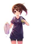  absurdres adidas bike_shorts bottle brown_hair hair_ornament hairclip highres jersey original ponytail shirt simple_background solo towel tsubasa_tsubasa watch water_bottle white_background wristwatch 