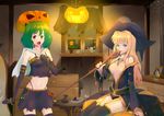  blonde_hair blue_eyes brown_eyes cape elbow_gloves fang flowers green_hair halloween long_hair necklace open_shirt panties short_hair skirt staff sunflower tagme_(artist) tagme_(character) thighhighs torn_clothes underwear witch_hat 