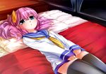  bed blue_eyes blush bow covering covering_crotch dress dress_tug hair_bow long_hair lying manaita_petako moegi_nenene on_back on_bed original pillow pink_hair sailor_dress sleeves_past_wrists solo thighhighs triangle_mouth zettai_ryouiki 