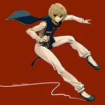  ayamiya_fumi bad_id bad_pixiv_id banned_artist blonde_hair copyright_name earrings english expressionless full_body hunter_x_hunter jewelry jumping kurapika looking_at_viewer male_focus red_background red_eyes shoes simple_background solo 