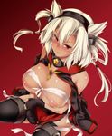  bandages black_gloves black_legwear blonde_hair blush breasts budget_sarashi dark_skin fingerless_gloves glasses gloves headgear jpeg_artifacts kantai_collection long_hair musashi_(kantai_collection) nipples red_eyes sarashi shiny shiny_skin skirt solo thighhighs twintails yasui_riosuke 