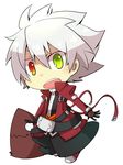  bad_id bad_pixiv_id black_pants blazblue chibi dead_spike heterochromia jacket kuro_yuzu male_focus pants ragna_the_bloodedge red_jacket silver_hair solo 