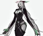  alternate_color alternate_costume blue_eyes bodysuit breasts claws cleavage cleavage_cutout facial_mark forehead_mark grey_skin headgear large_breasts league_of_legends lips lissandra long_hair nose silver_hair solo tyutii very_long_hair 