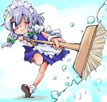  apron blue_eyes blue_skirt braid broom cleaning izayoi_sakuya maid maid_headdress one_eye_closed puffy_sleeves shinapuu short_sleeves silver_hair skirt smile solo standing standing_on_one_leg touhou twin_braids waist_apron 