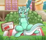  amber_eyes blush building equine female feral friendship_is_magic fur green_fur green_hair hair horn horse lew-legend looking_at_viewer lyra_(mlp) lyra_heartstrings_(mlp) mammal my_little_pony outside pony pussy pussy_juice sign sitting solo spread_legs spreading two_tone_hair unicorn window 