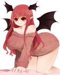  all_fours arano_oki bare_shoulders bat_wings blush breasts cleavage demon_girl head_wings koakuma large_breasts long_hair long_sleeves naked_sweater pointy_ears red_eyes red_hair ribbed_sweater smile solo succubus sweater thick_thighs thighs touhou wings 