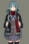  aqua_hair backpack bad_id bad_pixiv_id bag black_legwear blazer blue_eyes blush hair_ornament hairclip hullabaloo jacket long_hair original red_scarf scarf school_uniform skirt solo sweater thighhighs very_long_hair zettai_ryouiki 