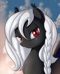  black_fur cloud clouds equine female feral fur hair horse long_hair looking_at_viewer mammal my_little_pony original_character pony red_eyes sky skyline19 slit_pupils smile solo white_hair wings 