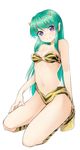  absurdres animal_print bikini blush boots breasts cleavage green_hair highres horns knee_boots long_hair lum navel oxxo_(dlengur) pointy_ears purple_eyes sitting small_breasts smile solo swimsuit tiger_print urusei_yatsura 