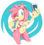  amy_rose anthro areola big_breasts breasts cellphone erect_nipples female green_eyes hair hedgehog mammal marthedog navel nipples nude one_eye_closed phone pink_hair pussy sega self_shot selfie smile solo sonic_(series) tongue tongue_out 