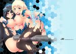  atago_(kantai_collection) between_legs black_gloves black_hair black_legwear blonde_hair blush breasts cait cover cover_page covered_nipples doujin_cover garter_straps gloves hat kantai_collection large_breasts long_hair looking_at_viewer multiple_girls open_mouth pantyhose red_eyes short_hair takao_(kantai_collection) thighhighs torn_clothes torn_legwear torpedo 