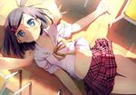  1boy 1girl black_hair blue_bra blue_eyes blush bra bra_strap classroom collarbone desk from_above frown hair_ornament hairclip hand_on_shoulder hentai_ouji_to_warawanai_neko. highres kantoku looking_at_viewer lying navel on_back plaid plaid_skirt pov school_uniform shirt_lift short_hair skirt skirt_lift thigh_gap thighs tsutsukakushi_tsukiko underwear 