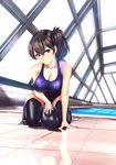  bare_shoulders black_legwear breasts cleavage infinote kaga_(kantai_collection) kantai_collection large_breasts md5_mismatch one-piece_swimsuit pool red_eyes reflection rei_no_pool solo swimsuit thighhighs torpedo wet wet_clothes wet_swimsuit 