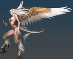  breasts brown_eyes feathered_wings feathers fingernails griffin harpy head_wings large_breasts long_hair long_tail monster_girl original personification sharp_fingernails solo tail talons tyutii underboob white_hair wings 