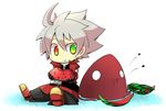  bad_id bad_pixiv_id black_pants blazblue chibi dead_spike eating food fruit heterochromia jacket kuro_yuzu pants ragna_the_bloodedge red_jacket seed silver_hair watermelon watermelon_seeds 