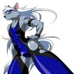  abs anthro black_nose blue_eyes bulge canine chest_tuft clothing eyewear fur goggles grey_fur hair inumania long_hair male mammal muscles nipples pecs plain_background pose smile_pretty_cure solo swimsuit tight_clothing tuft white_background white_hair wolf wolfrun 