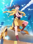  ahoge araragi_karen bakemonogatari bee black_hair brown_eyes bug cloud condensation_trail day highres hood hooded_track_jacket insect jacket long_hair monogatari_(series) nisemonogatari official_art open_mouth ponytail shorts sky socks solo steamroller track_jacket watanabe_akio 