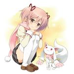  :3 bad_id bad_pixiv_id hair_ornament hair_ribbon happy kaname_madoka kyubey long_hair looking_at_viewer mahou_shoujo_madoka_magica nagijin pink_eyes pink_hair pink_scarf ribbon scarf school_uniform serafuku shirt shoes sitting skirt smile thighhighs twintails white_background white_legwear 