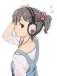  beamed_sixteenth_notes bow drawr eighth_note grey_eyes grey_hair hair_bow hand_on_own_head headphones looking_back mattaku_mousuke musical_note original overalls parted_lips pentagram polka_dot polka_dot_bow ponytail profile sleeves_rolled_up solo 