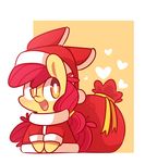  &lt;3 amber_eyes apple_bloom_(mlp) bag bow chibi christmas chubby clothing coat cub cute equine female feral friendship_is_magic fur hair hat holidays horse lifeloser long_hair mammal my_little_pony open_mouth pony red_hair santa_hat siting sitting smile solo young 