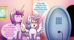  2018 blush daughter dialogue duo english_text equine eyes_closed feathered_wings feathers female feral flurry_heart_(mlp) friendship_is_magic fur hair hi_res horn horse mammal monitor mother mother_and_daughter multicolored_hair my_little_pony open_mouth parent pink_fur pony princess princess_cadance_(mlp) royalty sweat sweatdrop text thought_bubble tongue two_tone_hair vavacung voyeur winged_unicorn wings 