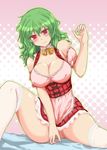  bare_shoulders blush bra breasts green_hair he_(eve) kazami_yuuka lace lace-trimmed_thighhighs large_breasts long_hair no_panties pink_bra pink_legwear red_eyes solo thighhighs thighs touhou underwear wavy_hair 