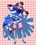  anthro black_nose bloomers blue_eyes blush bow breasts canine claws clothing crossgender dress female fur grey_fur hair high_heels inumania lipstick long_hair looking_at_viewer mammal necklace pattern_background pearl_necklace red_hair ruffles smile smile_pretty_cure solo wolf wolfrun 