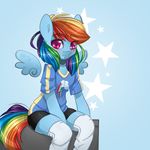  anthro anthrofied blue_background blue_fur blush camellia_(artist) clothing cutie_mark equine female friendship_is_magic fur hair horse looking_at_viewer mammal multi-colored_hair my_little_pony pegasus plain_background pony purple_eyes rainbow_dash_(mlp) rainbow_hair shirt shorts sitting solo wings 