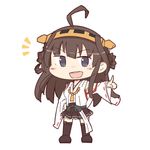  ahoge blush_stickers boots brown_hair chibi full_body hand_on_hip honda_takashi_(enorea) kantai_collection kongou_(kantai_collection) long_hair nontraditional_miko open_mouth pleated_skirt pointing purple_eyes simple_background skirt solo white_background 