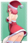  ass bare_shoulders blush christmas dress elbow_gloves gloves hat katatsuka_kouji original panties pink_eyes pink_hair red_gloves sack santa_costume santa_hat short_hair solo thighhighs underwear 