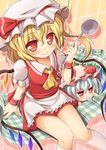  apron ascot baku-p bat_wings blonde_hair blue_hair blush chibi flandre_scarlet hat highres kneehighs ladle multiple_girls red_eyes remilia_scarlet short_hair side_ponytail sitting skirt skirt_set smile spoon spoon_in_mouth touhou white_legwear wings wrist_cuffs 