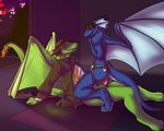  anal anthro blue_dragon chastity_belt clothing coat dragon dragon_wings erection feather green_dragon green_eyes hat horn inside invalid_tag lock male necktie penetration penis red_eyes scalie sex shirt side_view spread_wings syynx wings 