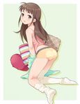  bad_id bad_pixiv_id braid brown_eyes brown_hair clothes_writing english green_background heart kneeling long_hair looking_at_viewer looking_back loose_thighhigh nagijin open_mouth original pillow shirt single_braid solo thighhighs undressing white_legwear 