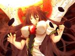  bow breasts brown_hair cape debris evil_smile hair_bow large_breasts long_hair looking_at_viewer puffy_sleeves red_eyes reiuji_utsuho short_sleeves smile solo third_eye touhou untsue very_long_hair 