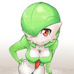  ;) breasts cleavage closed_mouth collarbone commentary english_commentary gardevoir gen_3_pokemon green_hair hair_between_eyes hand_on_hip large_breasts leaning_forward looking_at_viewer mrploxykun no_humans one_eye_closed personification pokemon pokemon_(creature) red_eyes short_hair simple_background smile solo white_skin 