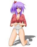  blush breasts choker cleavage fundoshi japanese_clothes kneeling large_breasts purple_hair red_eyes rick.black rope shadow shimenawa short_hair short_ponytail simple_background solo tabi touhou white_background yamakasa yasaka_kanako 