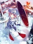  hat oriental_umbrella pink_hair purple_eyes ribbon-trimmed_collar ribbon-trimmed_ornament ribbon_trim saigyouji_yuyuko short_hair snow snowflakes solo t-ray touhou umbrella 