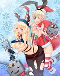  &gt;_&lt; :3 :p anchor antlers atago_(kantai_collection) bell black_eyes blonde_hair blue_eyes boots breasts christmas closed_eyes gloves hairband hat kantai_collection large_breasts lifebuoy lucknight multiple_girls navel one_eye_closed panties pantyhose rensouhou-chan ribbon sack saliva santa_costume santa_hat shimakaze_(kantai_collection) shirt_lift small_breasts striped striped_legwear thighhighs tongue tongue_out torn_clothes torn_legwear triangle_mouth underboob underwear 