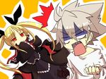  1girl bad_id bad_pixiv_id blazblue blonde_hair kuro_yuzu rachel_alucard ragna_the_bloodedge red_eyes shocked_eyes surprised sweat sweatdrop 