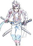  belt colored_pencil_(medium) dual_wielding holding lloyd_irving male_focus mct-no04 scabbard sheath simple_background suspenders sword tales_of_(series) tales_of_symphonia traditional_media weapon white_background 