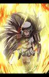  belt black_hair cape epaulettes fire gloves grey_eyes gun hat heterochromia highres kantai_collection kiso_(kantai_collection) letterboxed looking_at_viewer neckerchief remodel_(kantai_collection) scar scar_across_eye short_hair skirt solo sword takorice torn_clothes weapon yellow_eyes 