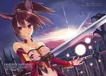  animal_ears bare_shoulders breasts brown_hair choker cleavage cloud dutch_angle elbow_gloves foreshortening gloves long_hair magic medium_breasts original ponytail red_eyes sky solo sword weapon yukichin 